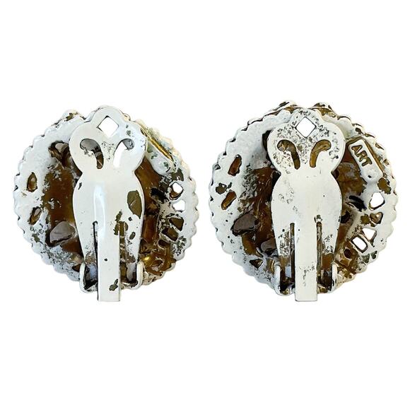 60s ART  Enamel  Beads Pink & Blue Rhinestone Floral Motif Round Clip Earrings - Picture 2 of 3